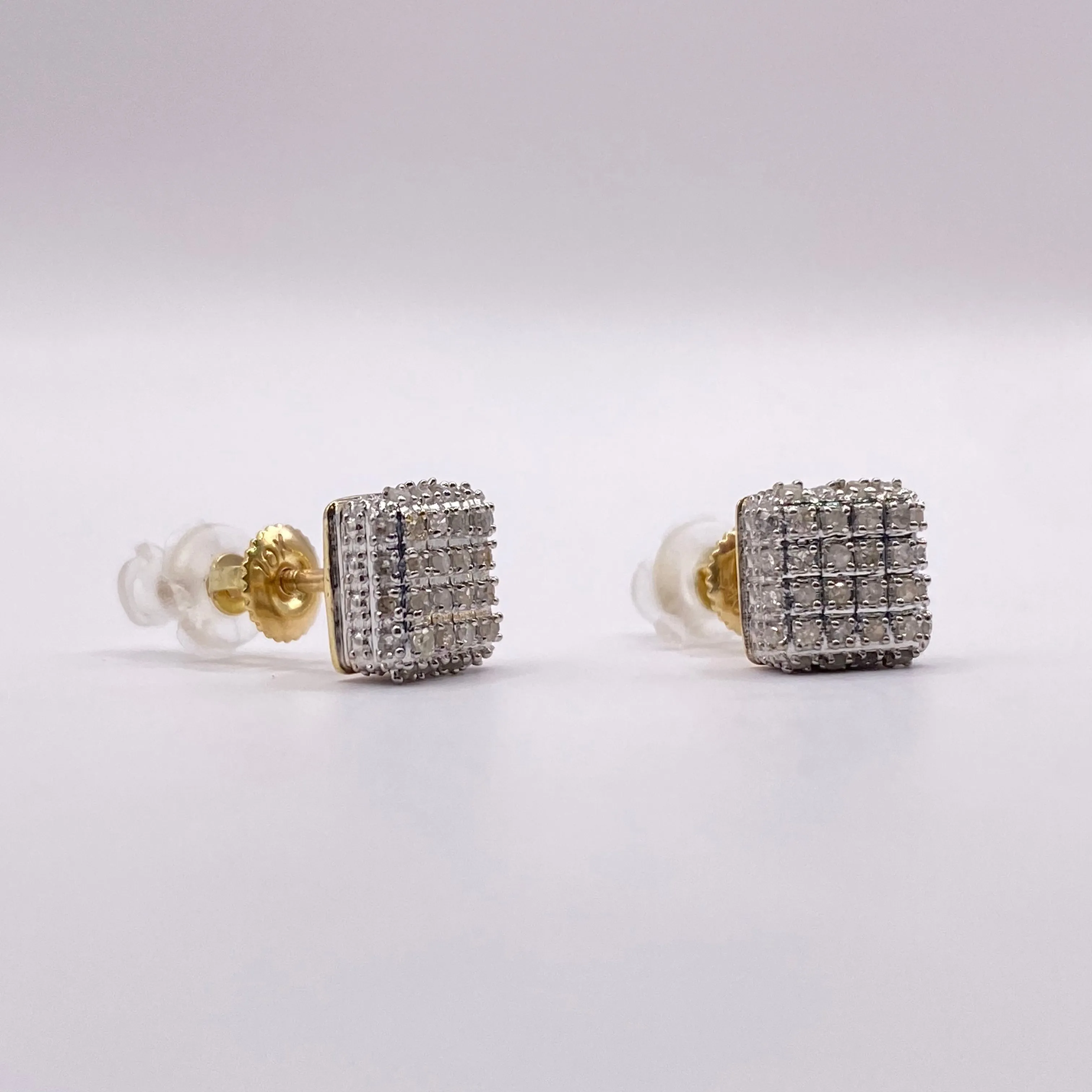 10K Yellow Gold Diamond Square Stud Earrings 0.24Ct / 1.5gr