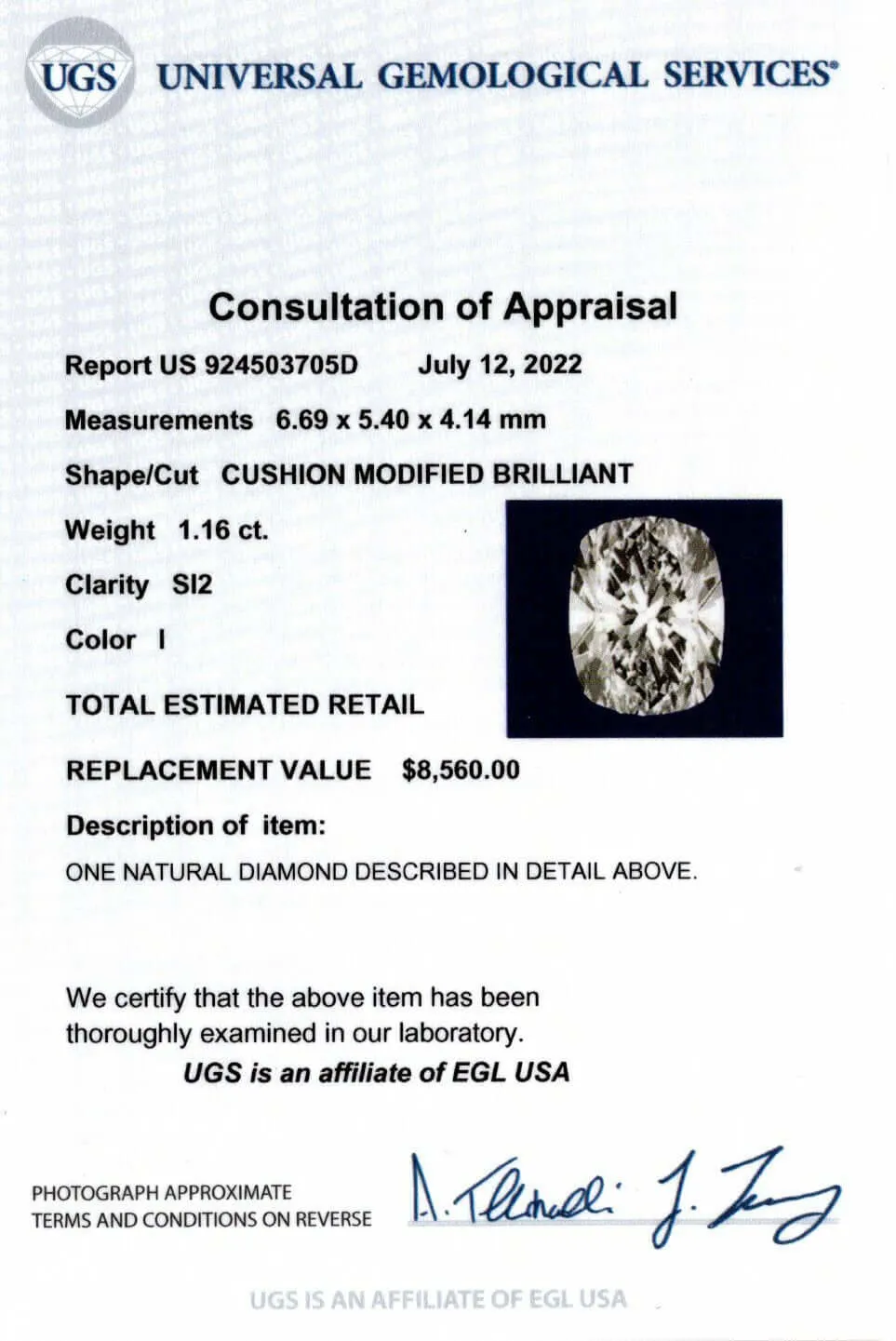 1.16ct CERTIFIED I SI2 CUSHION BRILLIANT CUT DIAMOND ELONGATED NATURAL LOOSE