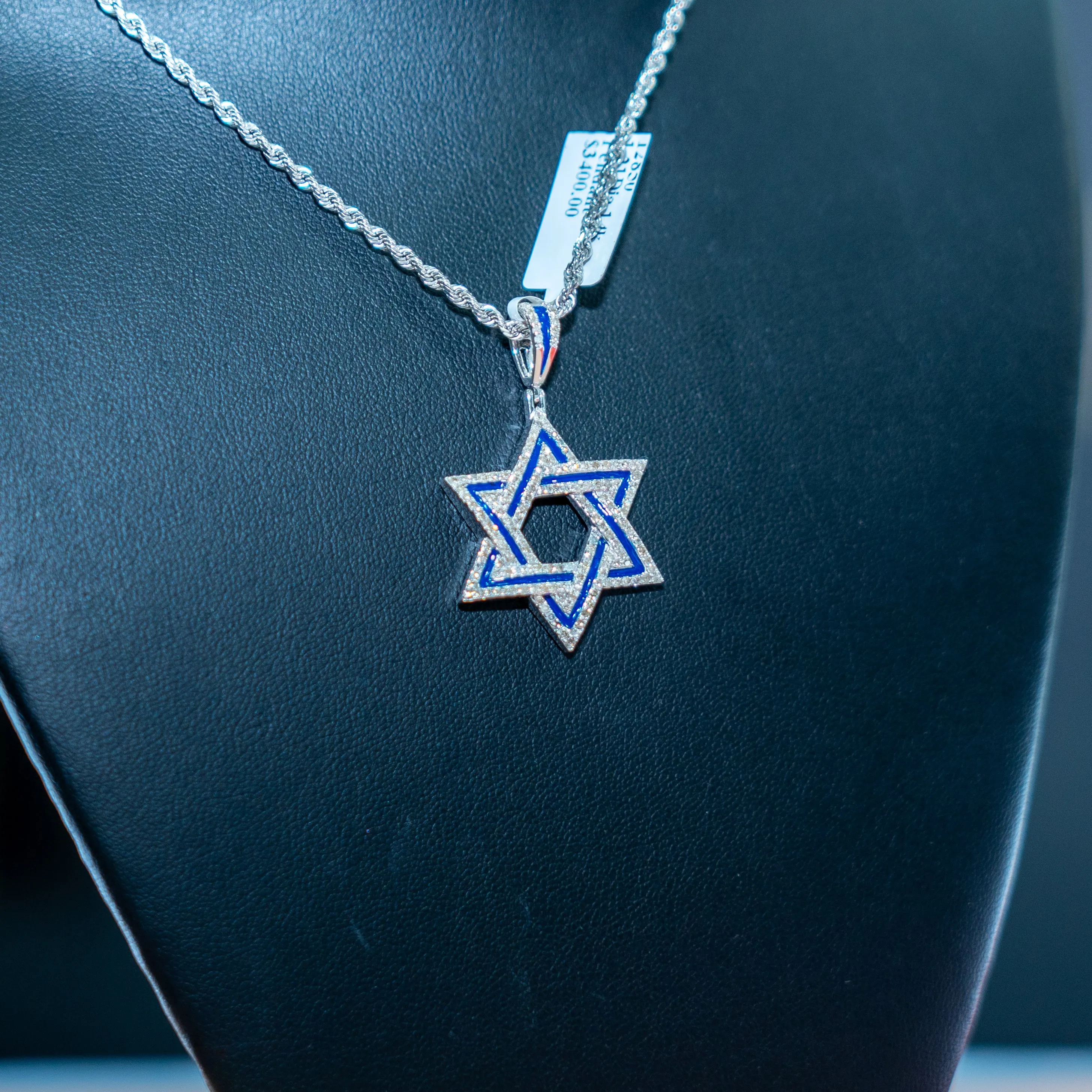 14K White Gold Star Of David Pendant With Diamond 1.21Ct / 7.7gr