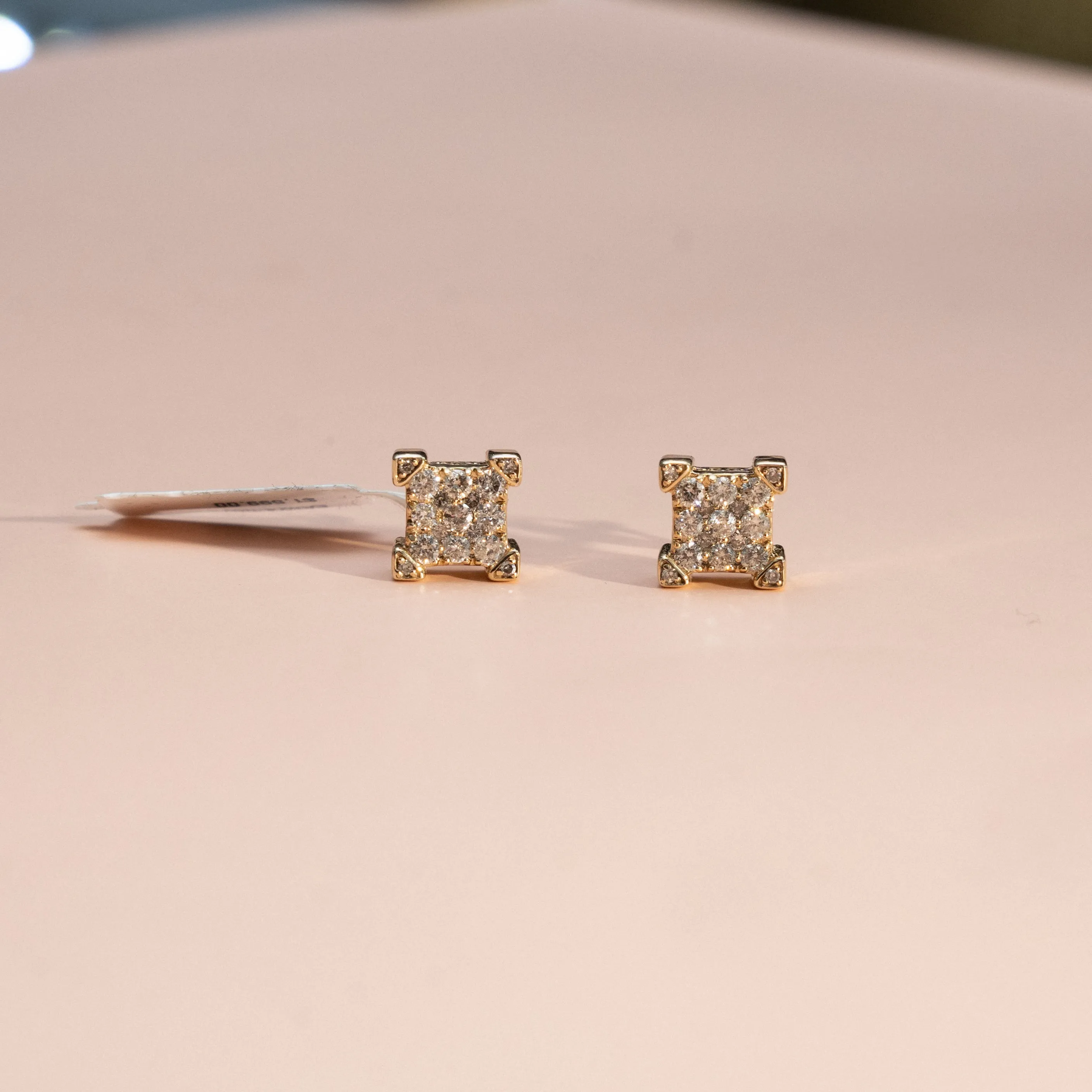 14K Yellow Gold Diamond Square Stud Earrings 1.50Ct / 3.4gr