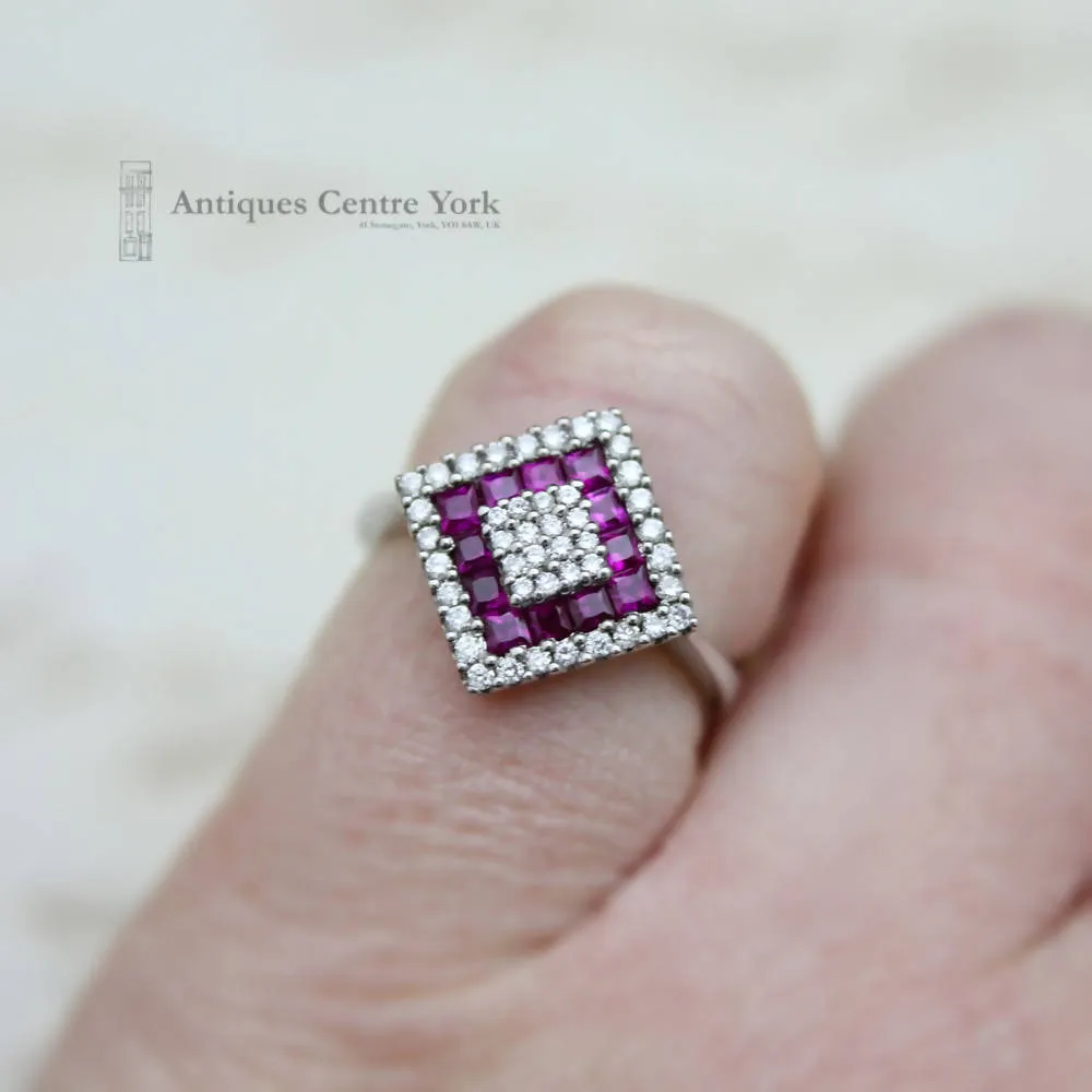 18ct White Gold Ruby & Diamond Square Cluster Ring