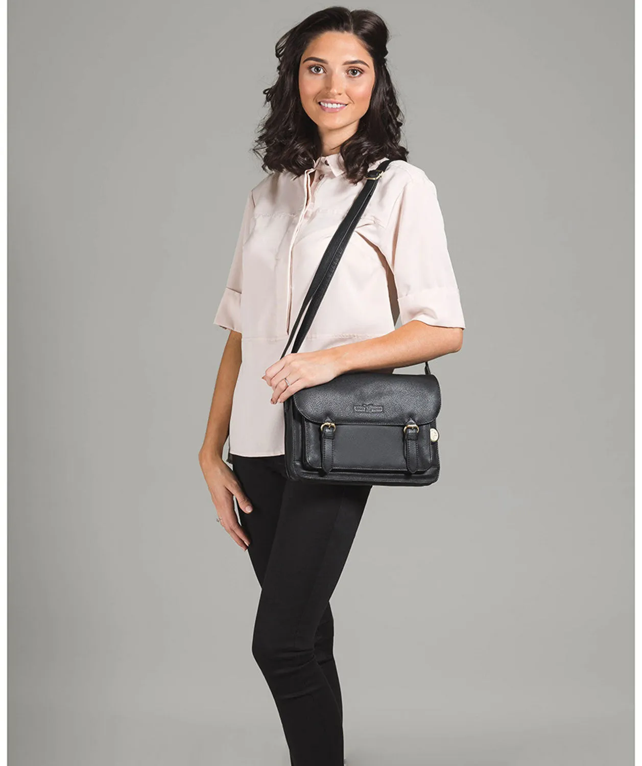 'Alba' Black Pebbled Cowhide Leather Small Satchel