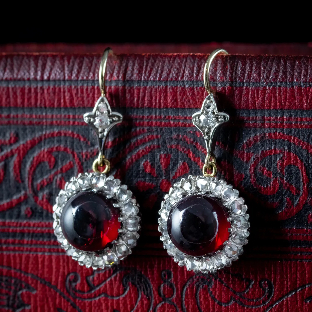 Antique Edwardian Garnet Diamond Daisy Drop Earrings 15ct Gold