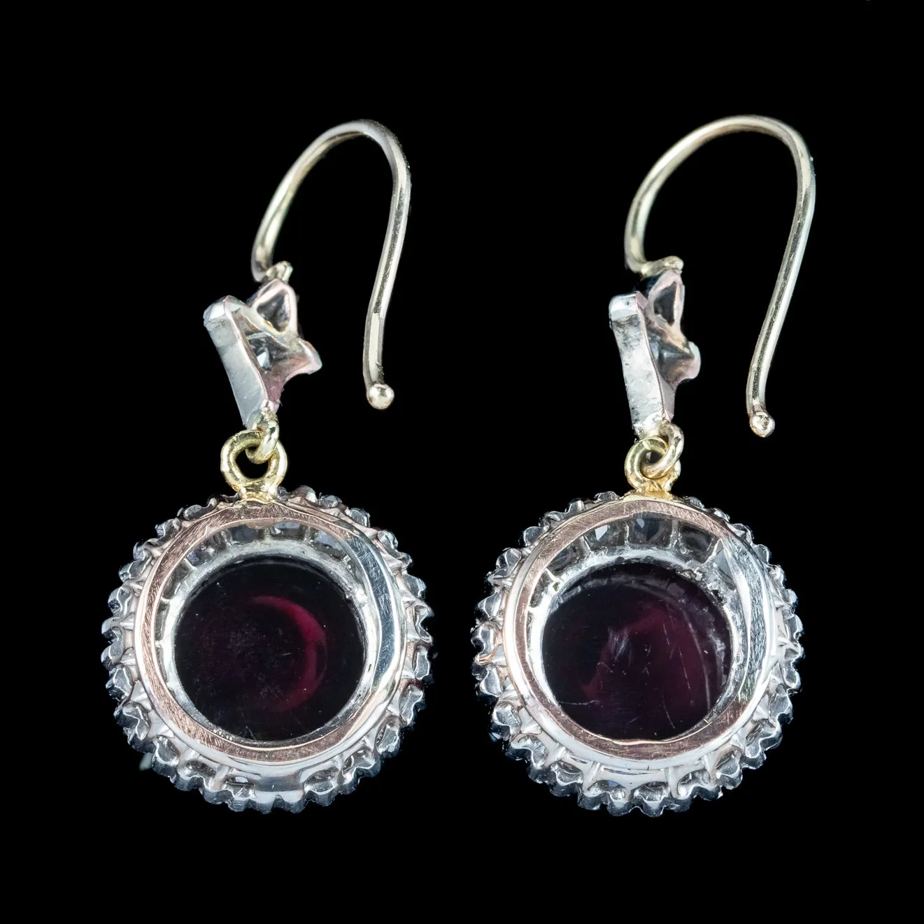 Antique Edwardian Garnet Diamond Daisy Drop Earrings 15ct Gold