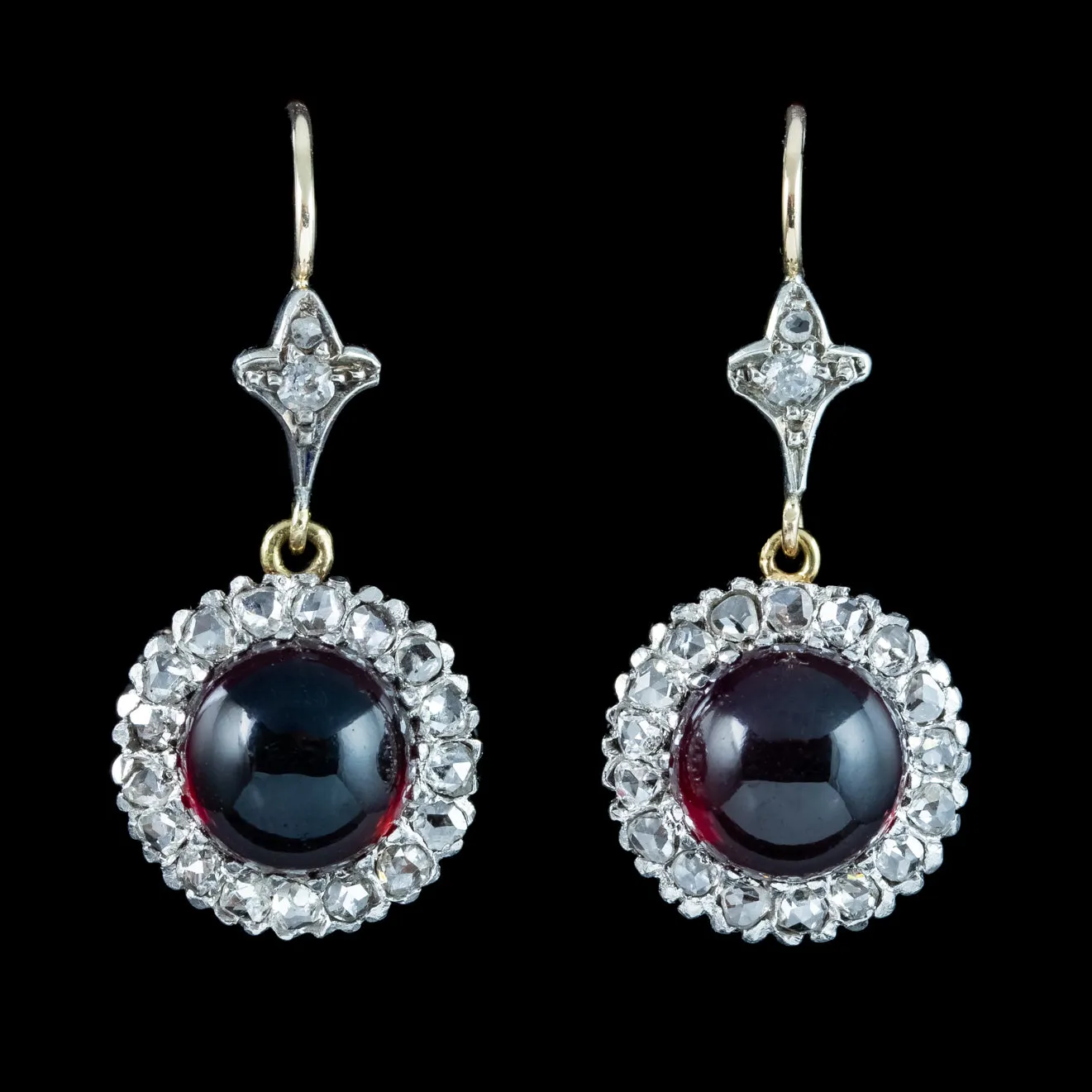 Antique Edwardian Garnet Diamond Daisy Drop Earrings 15ct Gold