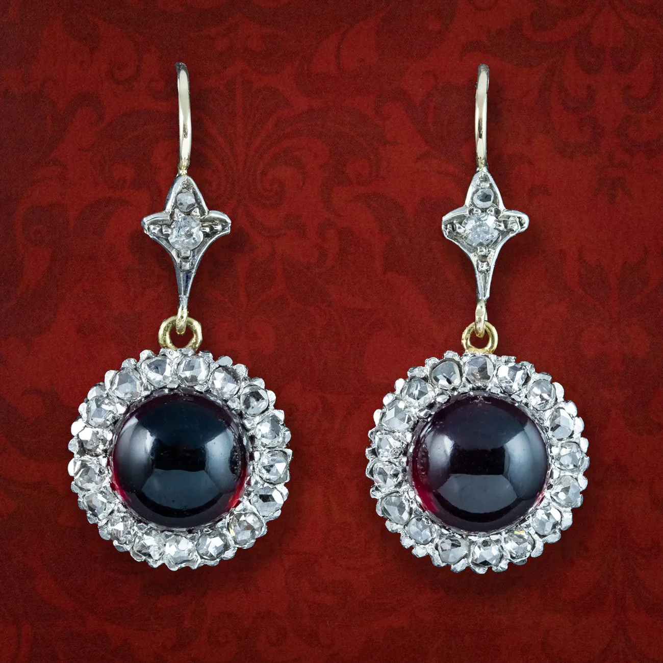 Antique Edwardian Garnet Diamond Daisy Drop Earrings 15ct Gold