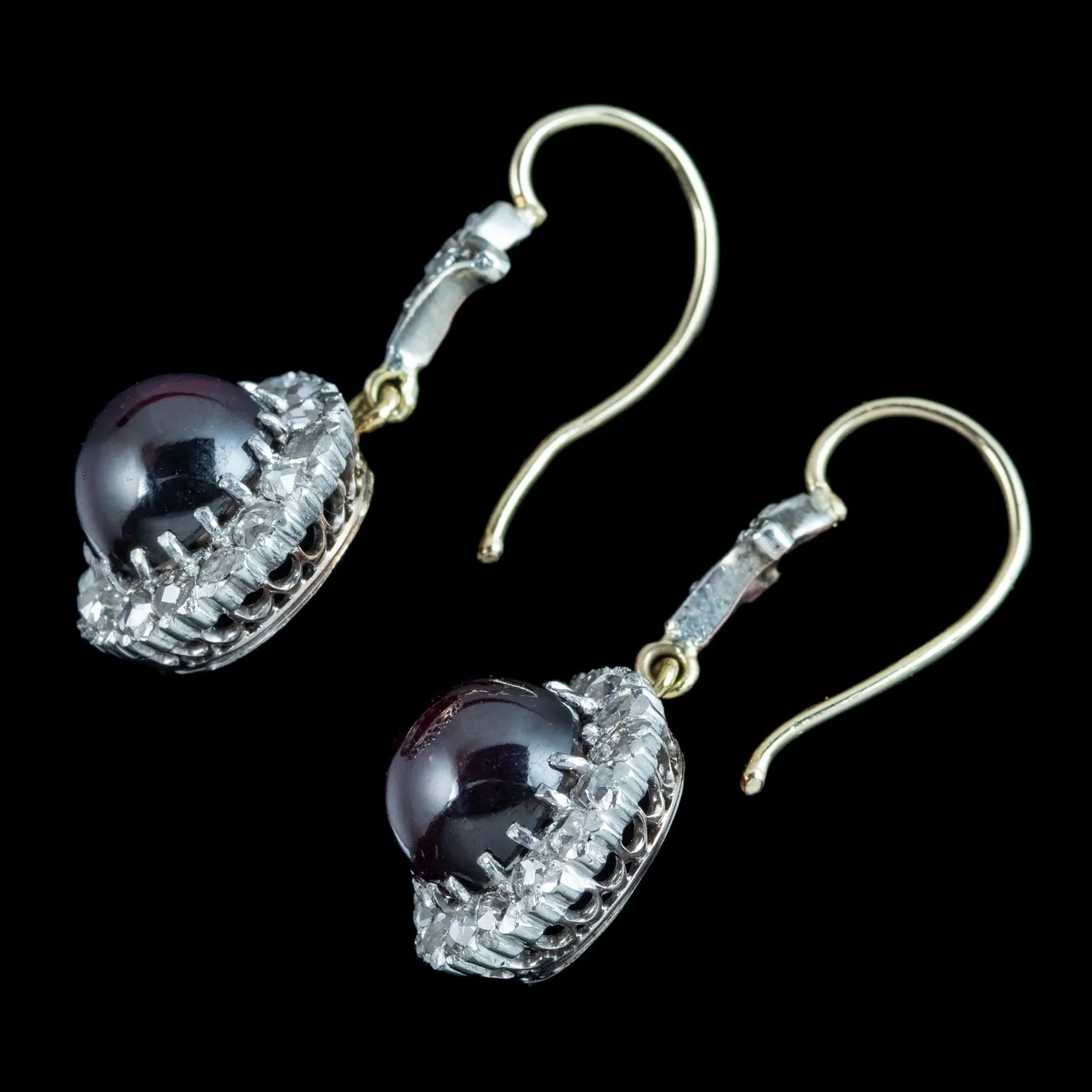 Antique Edwardian Garnet Diamond Daisy Drop Earrings 15ct Gold