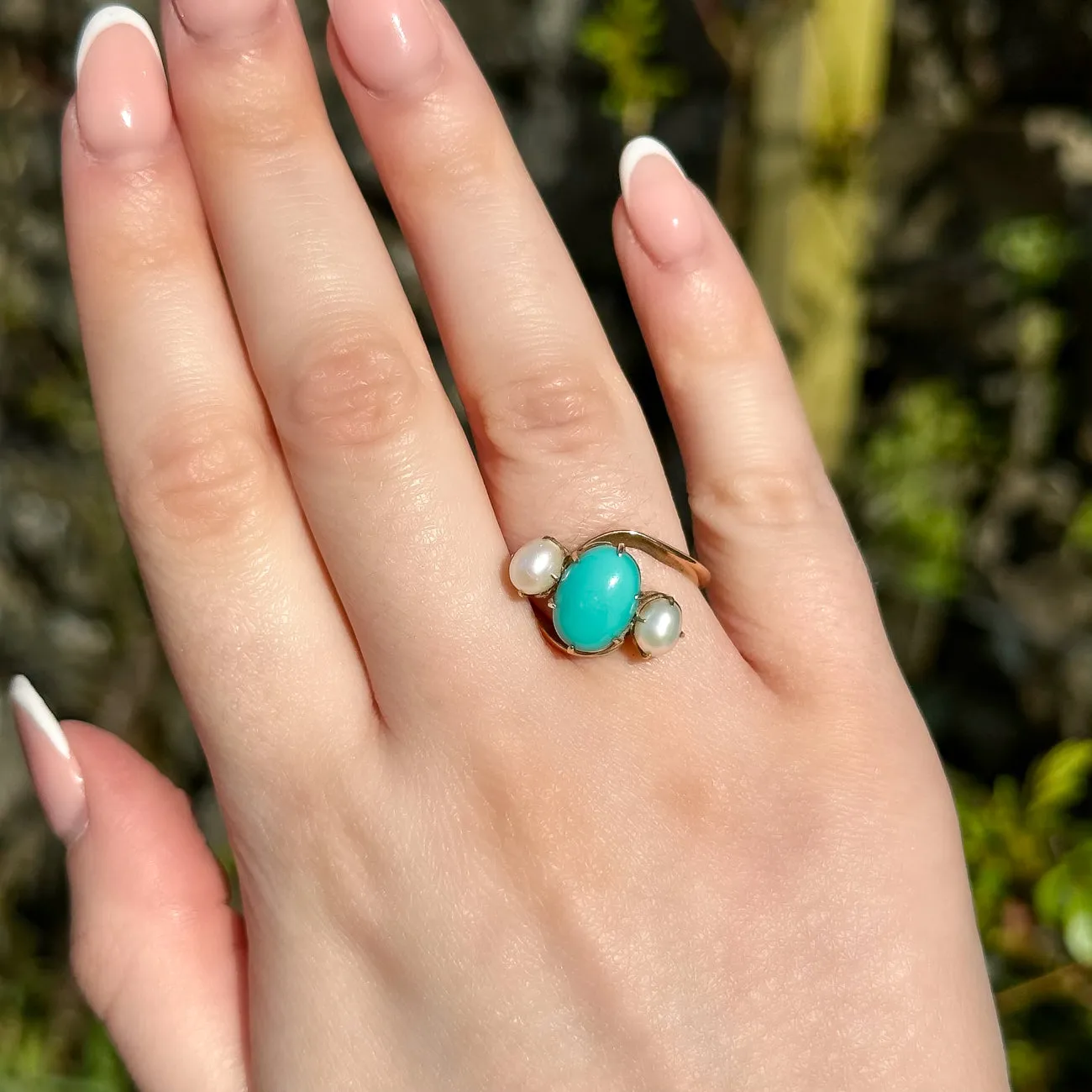 Antique Edwardian Turquoise Pearl Trilogy Twist Ring