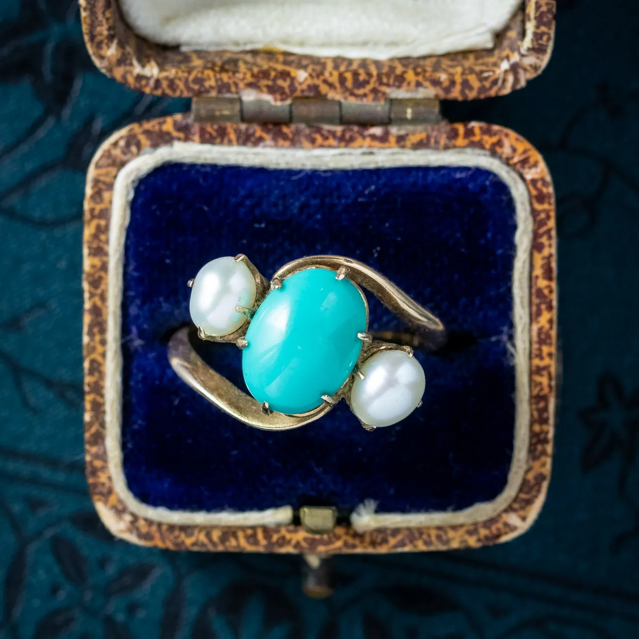 Antique Edwardian Turquoise Pearl Trilogy Twist Ring