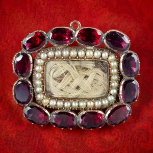 Antique Georgian Garnet Pearl Mourning Brooch 18ct Circa 1800