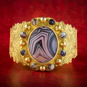 Antique Georgian Scottish Agate Cuff Bangle Pinchbeck Gold Gilt