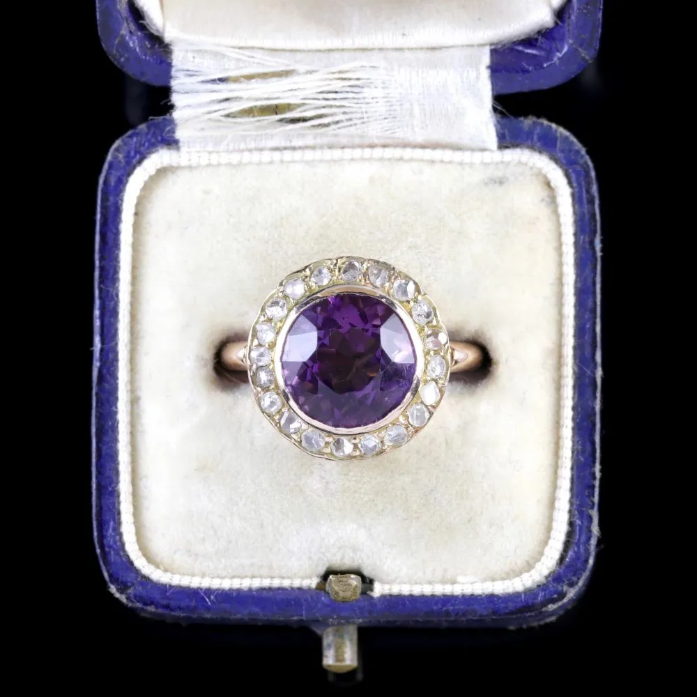 Antique Victorian Amethyst Diamond Cluster Ring 18Ct Gold