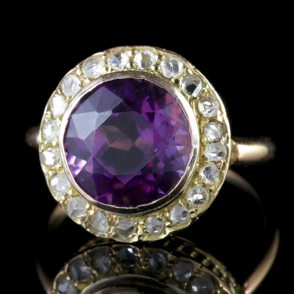 Antique Victorian Amethyst Diamond Cluster Ring 18Ct Gold