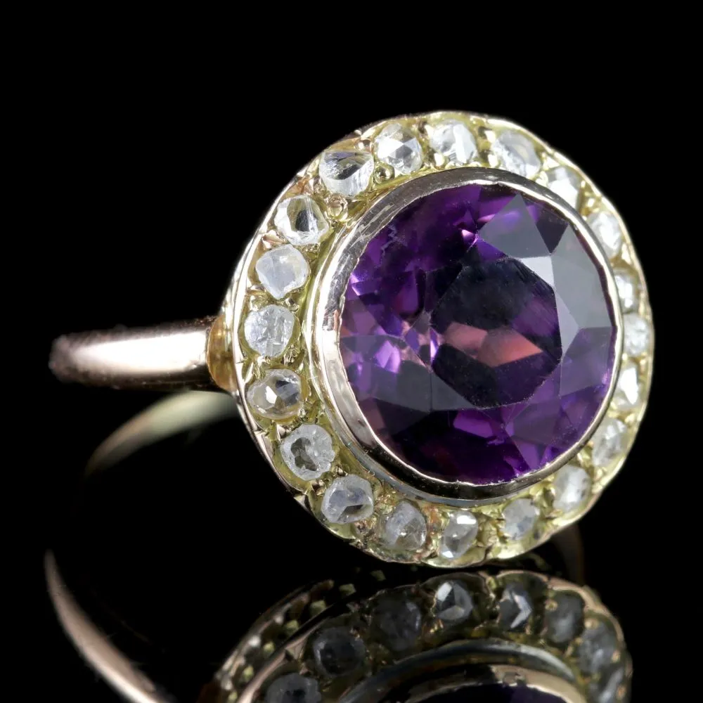 Antique Victorian Amethyst Diamond Cluster Ring 18Ct Gold