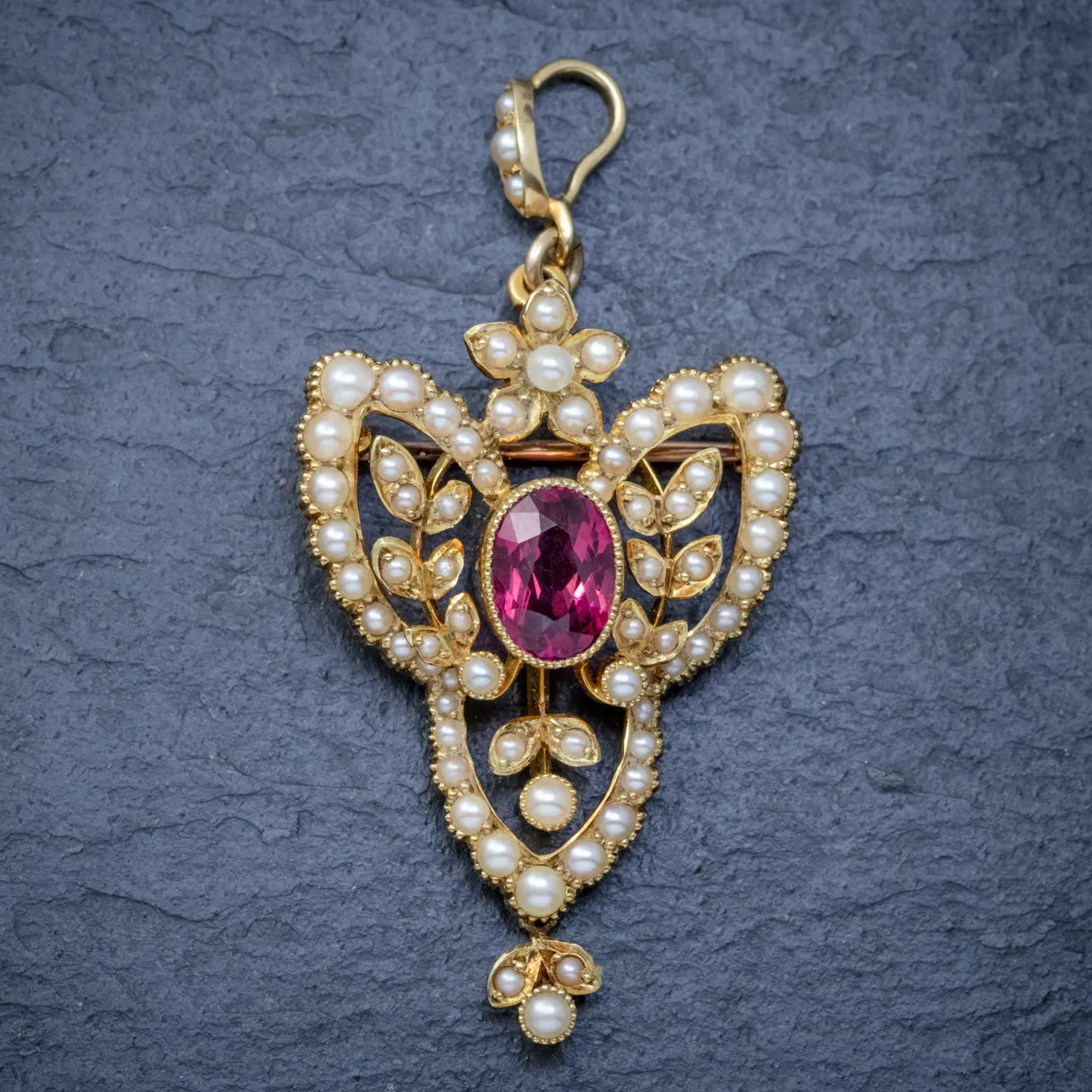 Antique Victorian Art Nouveau Pink Quartz Pearl Pendant Brooch 15ct Gold Circa 1900
