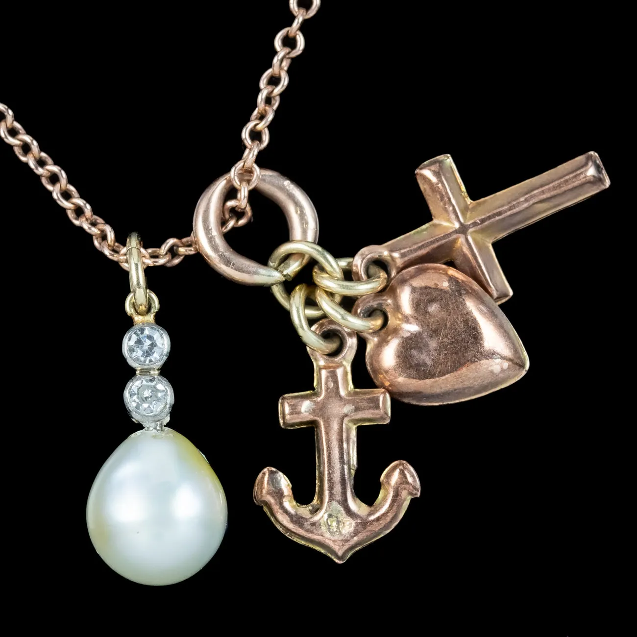 Antique Victorian Charm Necklace Faith Hope And Charity 9ct Gold