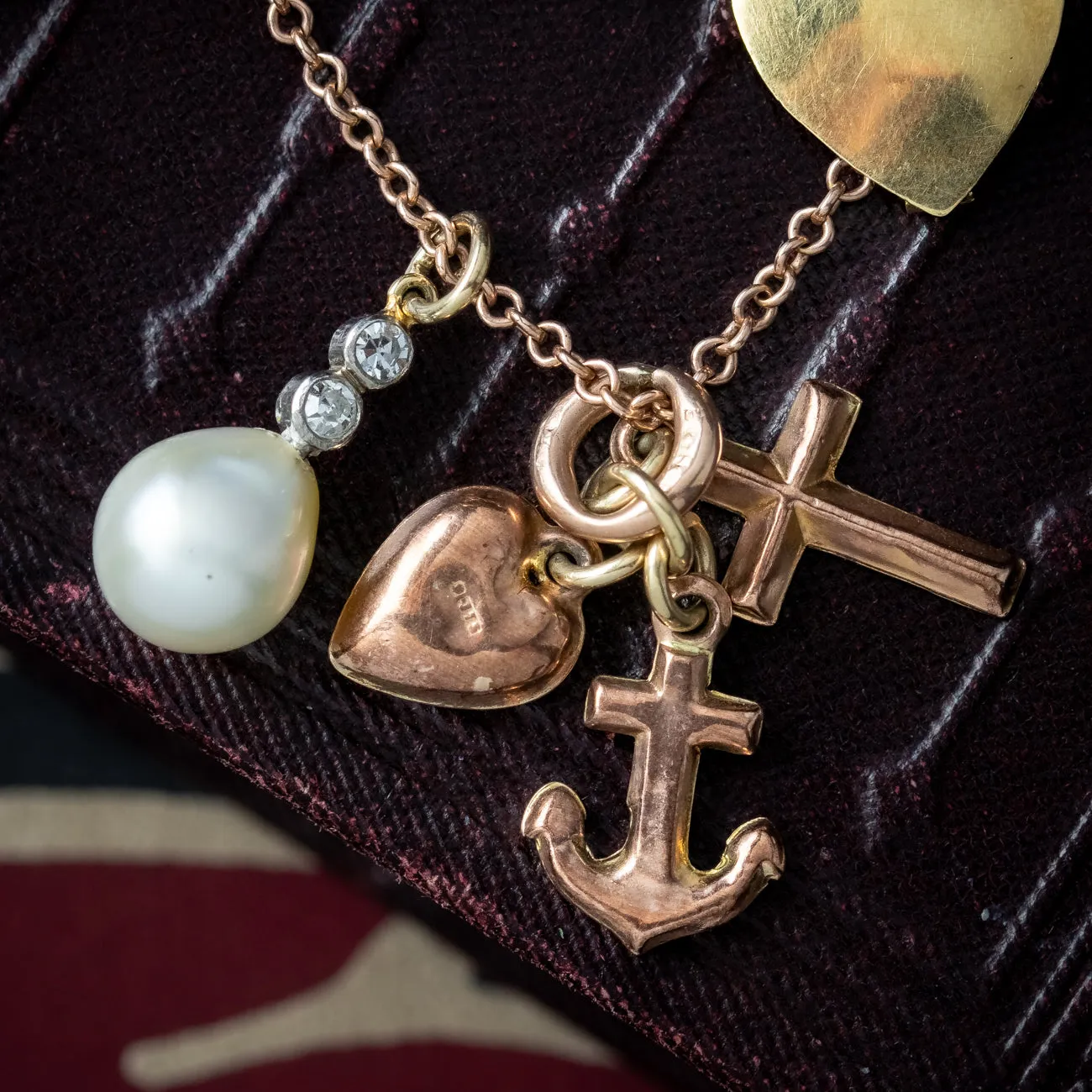Antique Victorian Charm Necklace Faith Hope And Charity 9ct Gold