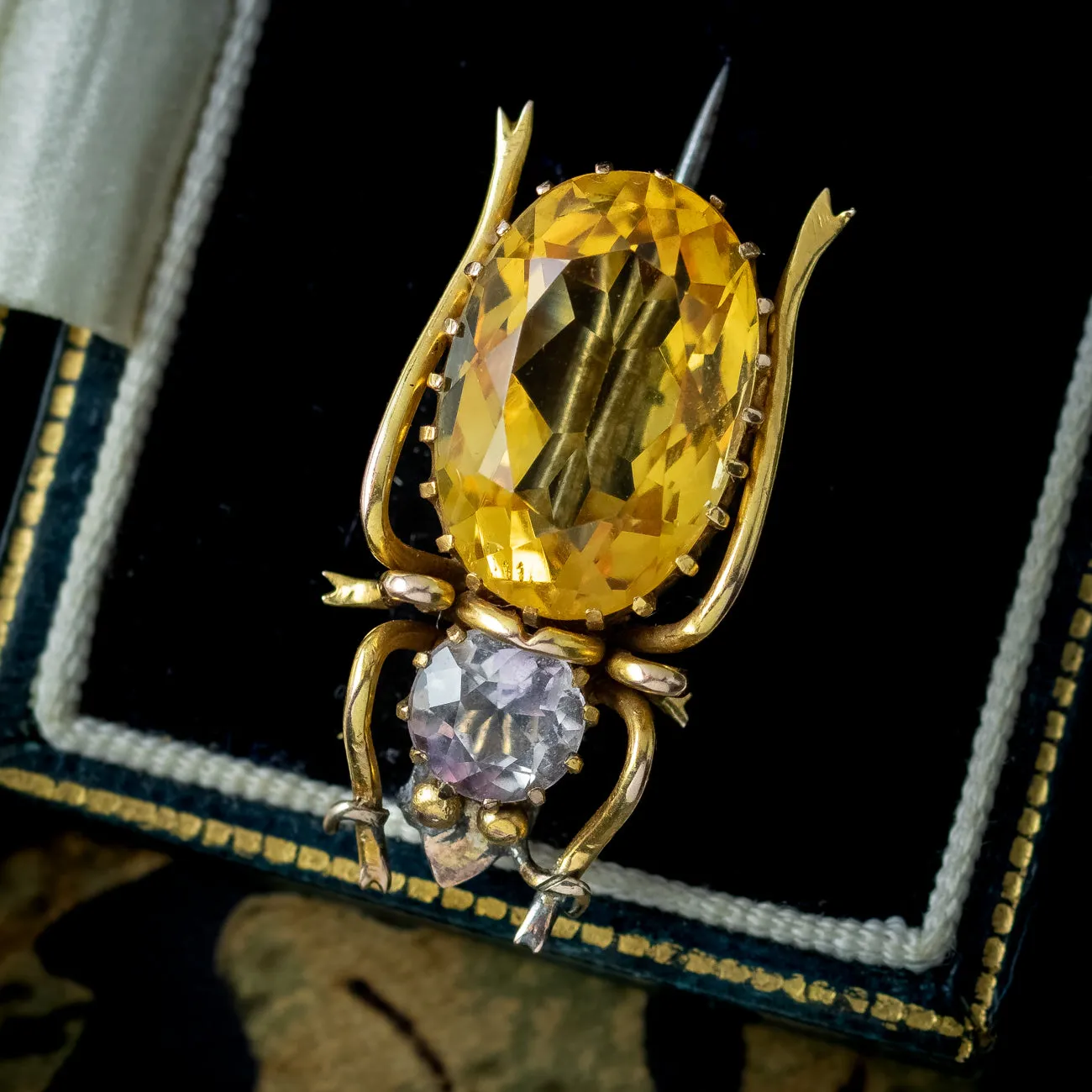 Antique Victorian Citrine Amethyst Beetle Brooch 9ct Gold