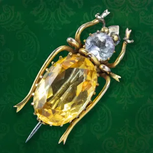Antique Victorian Citrine Amethyst Beetle Brooch 9ct Gold