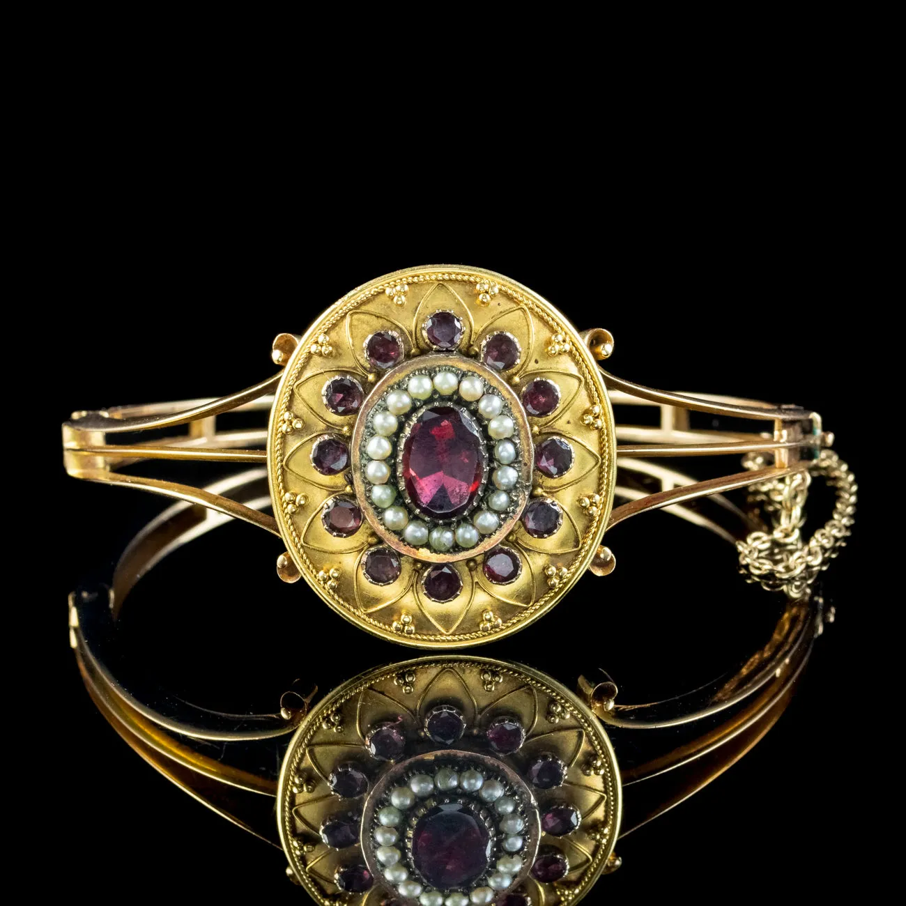 Antique Victorian Etruscan Garnet Pearl Bangle 18ct Gold