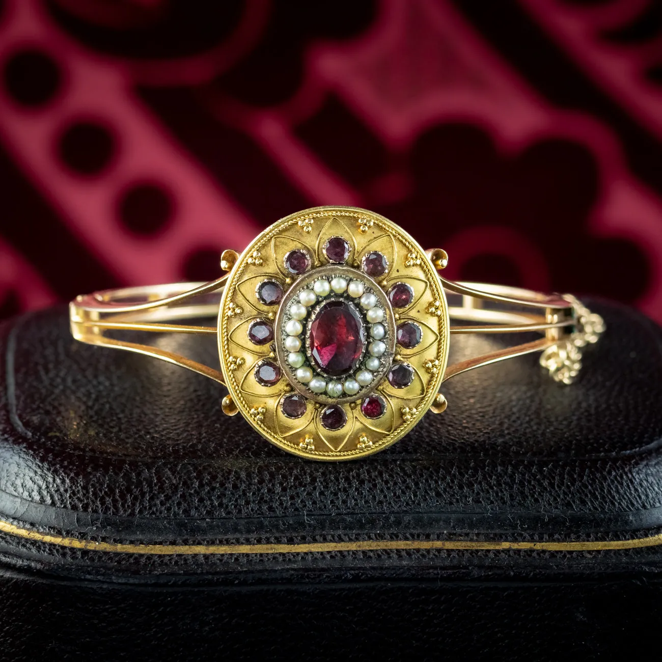 Antique Victorian Etruscan Garnet Pearl Bangle 18ct Gold
