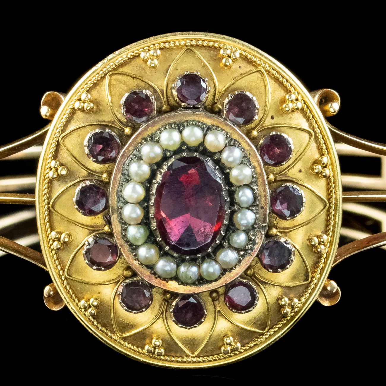 Antique Victorian Etruscan Garnet Pearl Bangle 18ct Gold