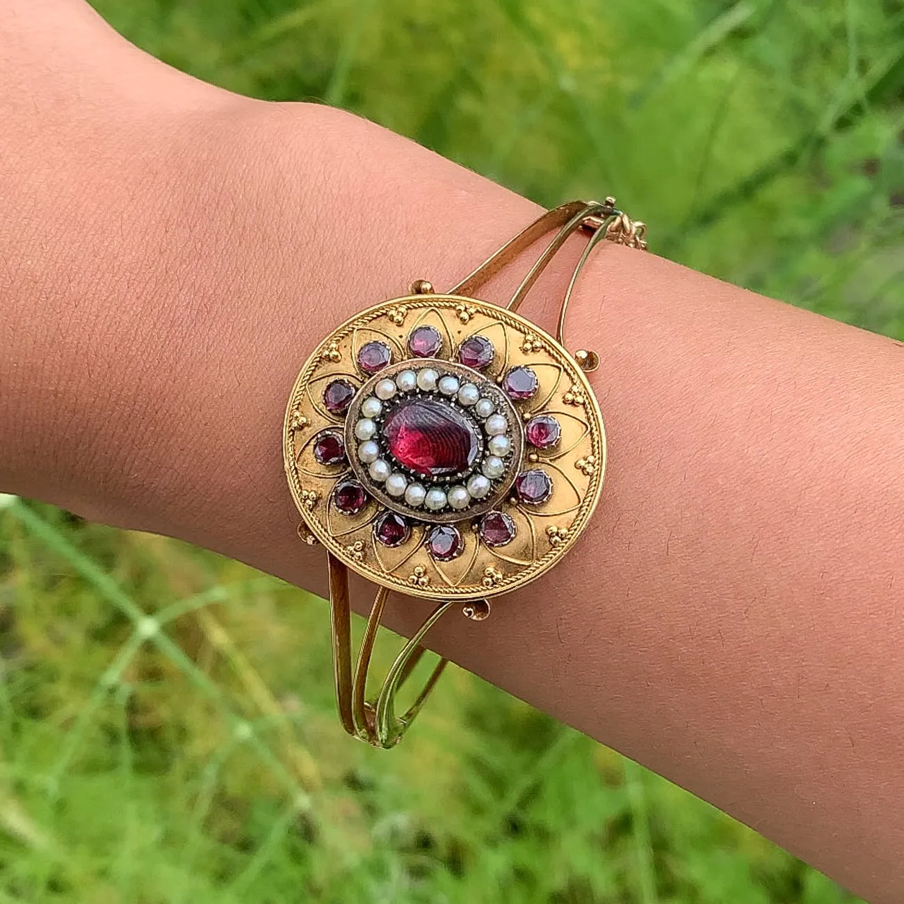 Antique Victorian Etruscan Garnet Pearl Bangle 18ct Gold
