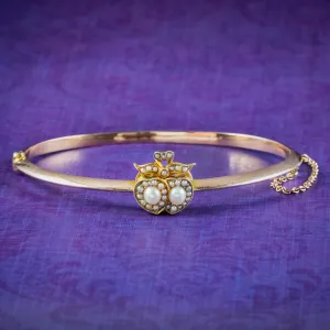 Antique Victorian Pearl Heart Bangle 15ct Gold