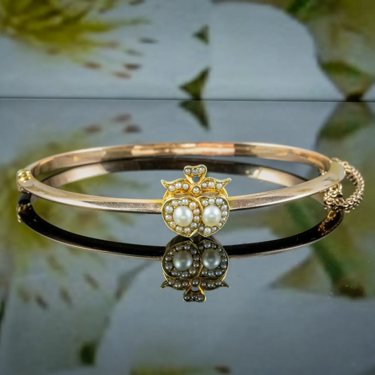 Antique Victorian Pearl Heart Bangle 15ct Gold