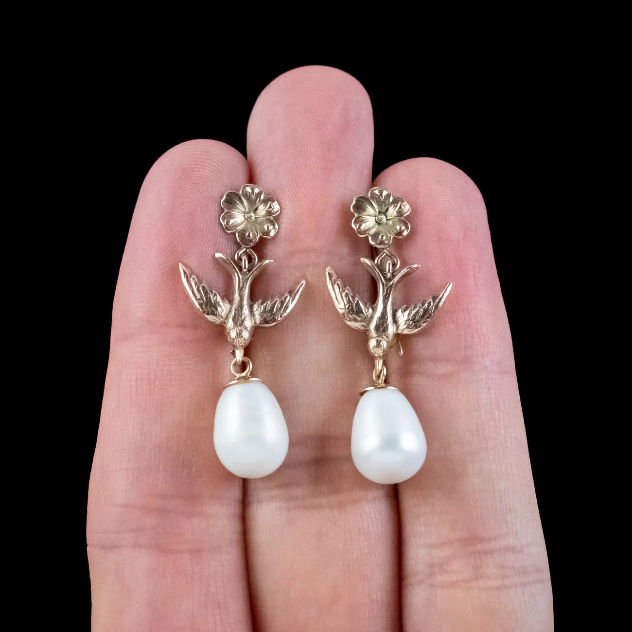 Antique Victorian Pearl Swallow Drop Earrings 15ct Gold