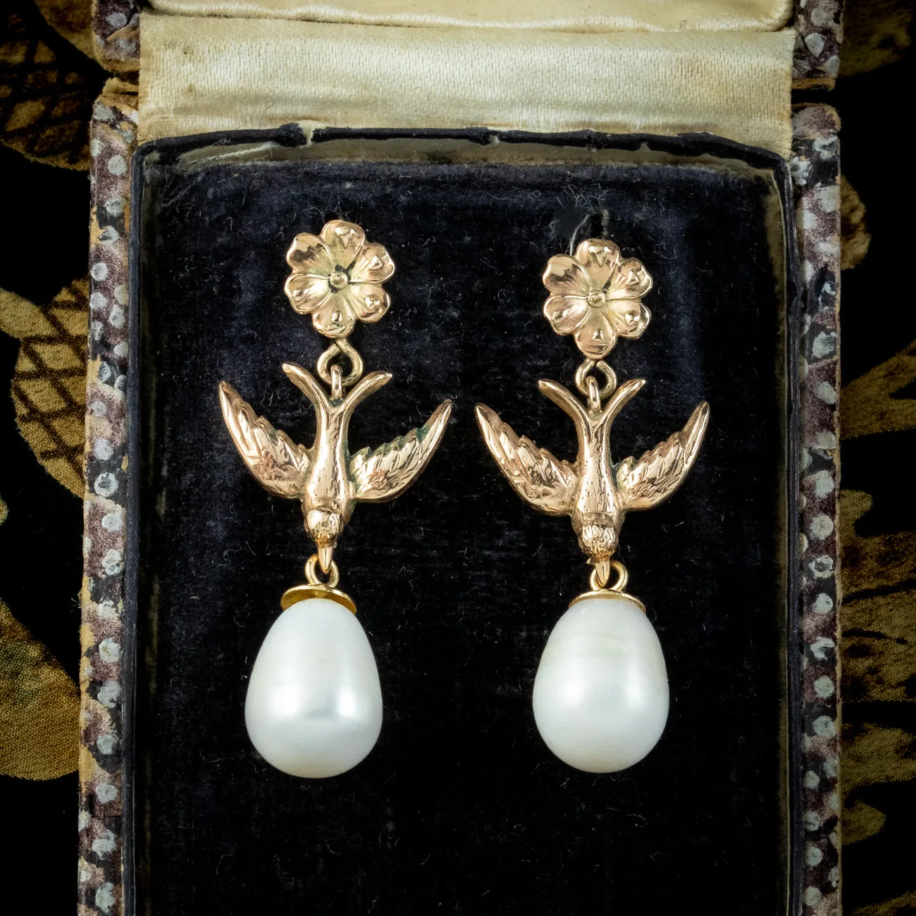 Antique Victorian Pearl Swallow Drop Earrings 15ct Gold