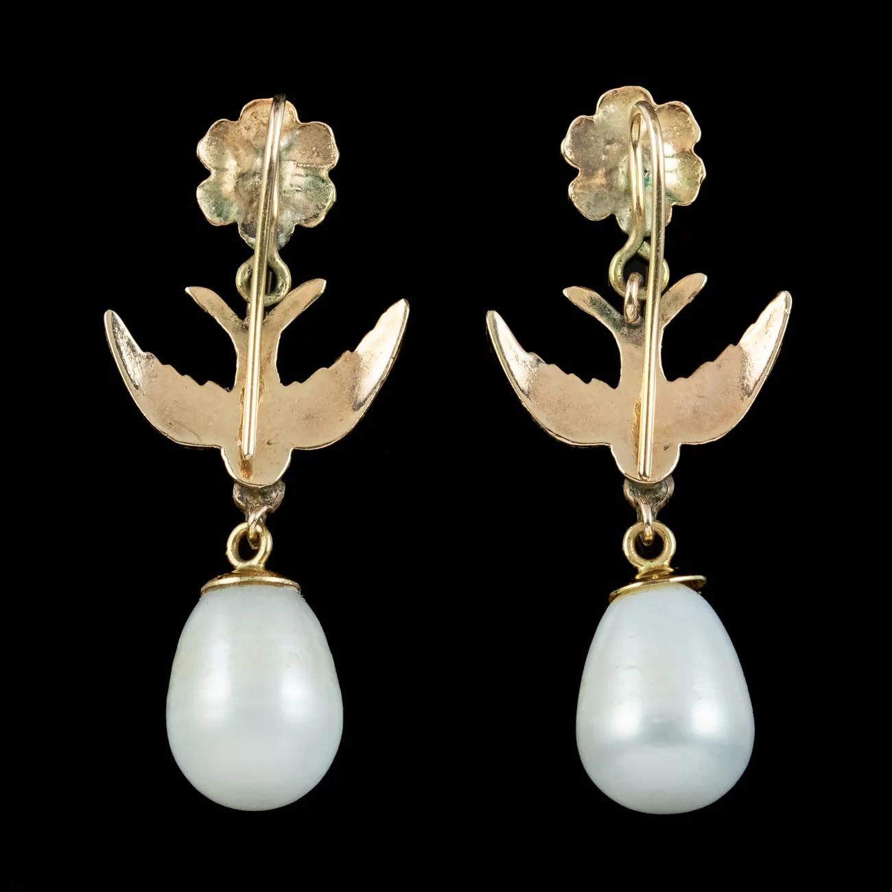 Antique Victorian Pearl Swallow Drop Earrings 15ct Gold