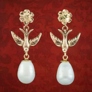 Antique Victorian Pearl Swallow Drop Earrings 15ct Gold