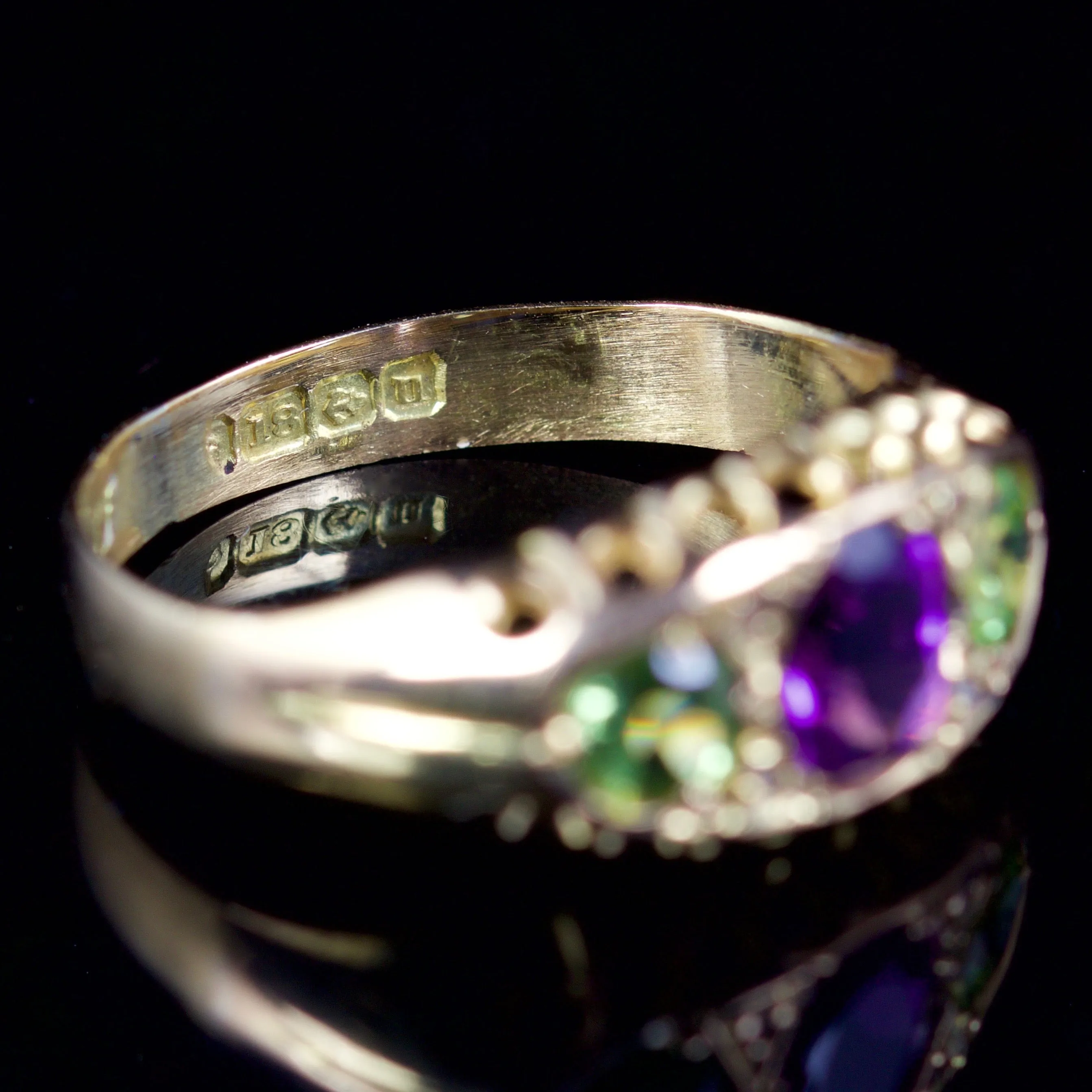 Antique Victorian Ring Suffragette Amethyst Peridot Diamond 18Ct Dated 1912
