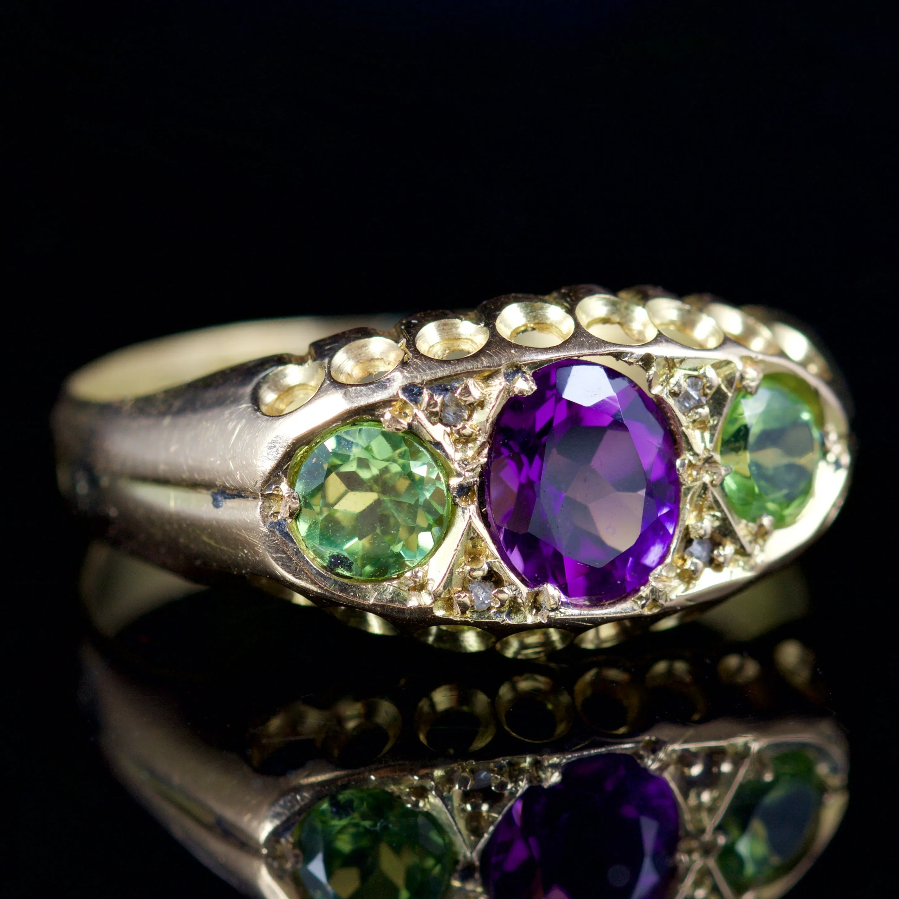 Antique Victorian Ring Suffragette Amethyst Peridot Diamond 18Ct Dated 1912