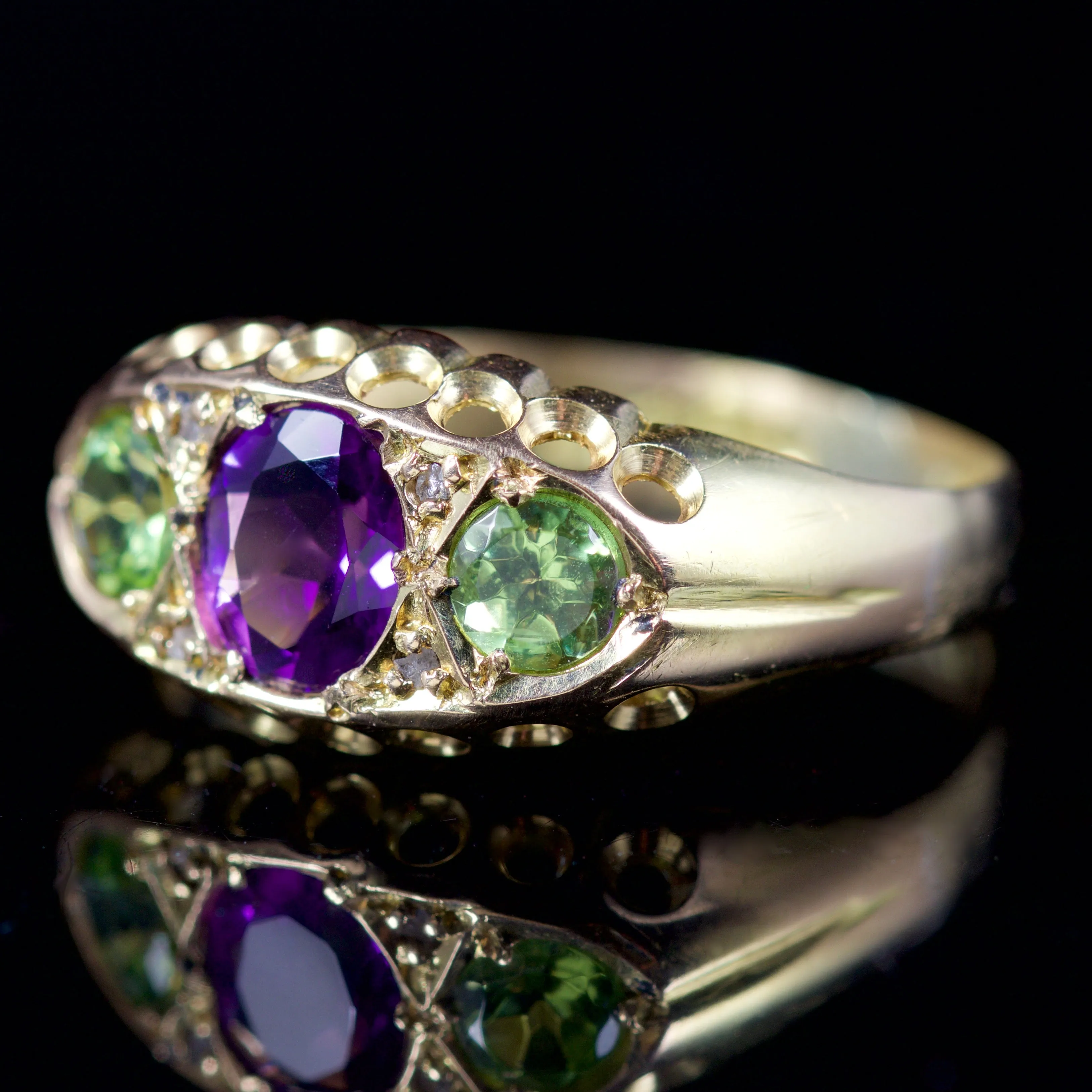 Antique Victorian Ring Suffragette Amethyst Peridot Diamond 18Ct Dated 1912