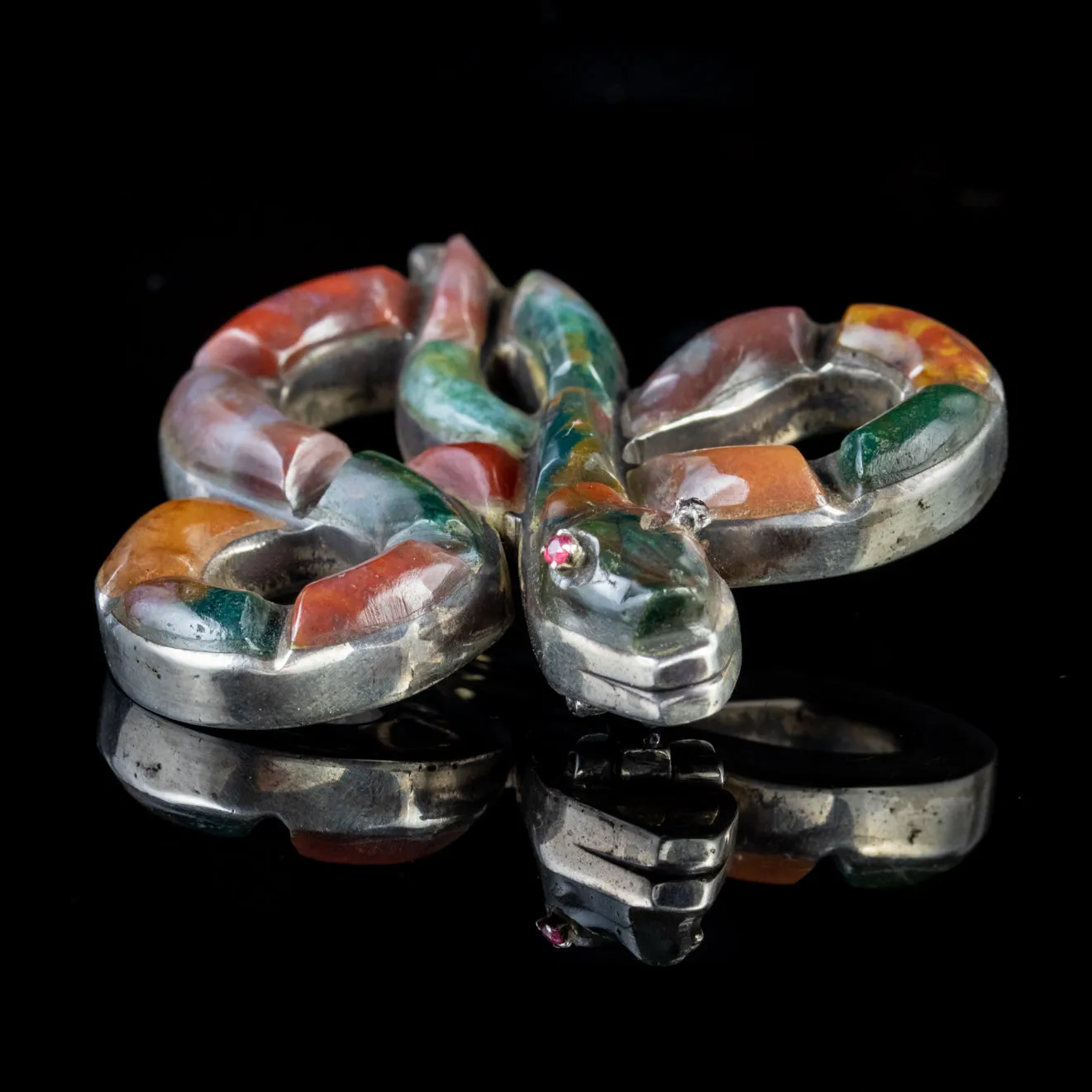 Antique Victorian Scottish Agate Snake Brooch Silver Circa 1860