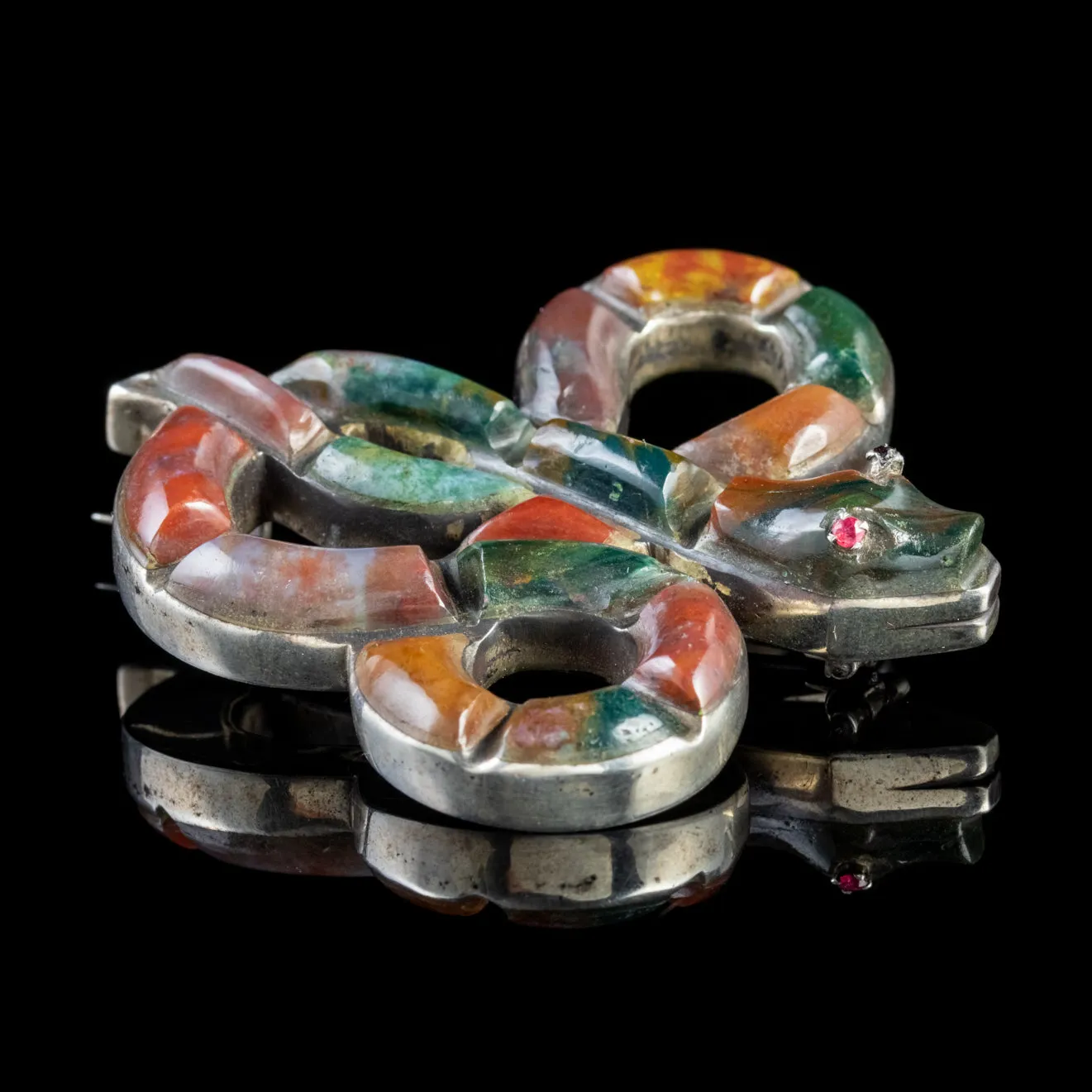 Antique Victorian Scottish Agate Snake Brooch Silver Circa 1860