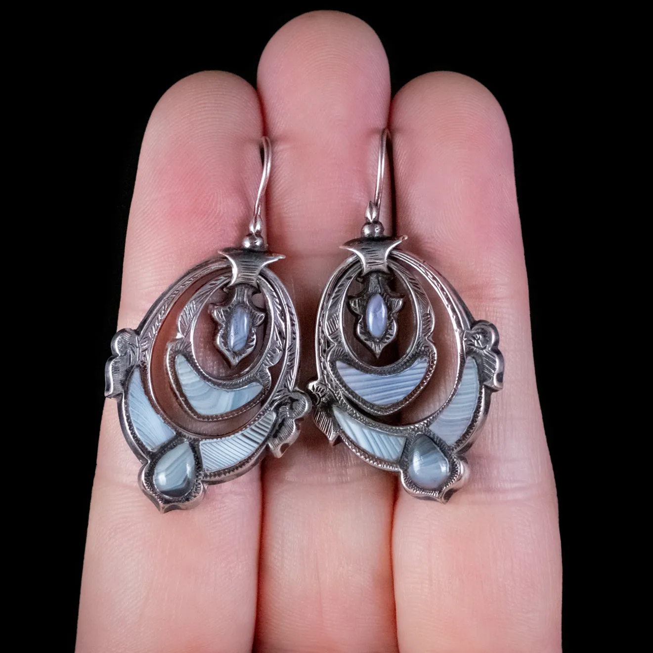 Antique Victorian Scottish Montrose Agate Earrings Silver Circa 1860