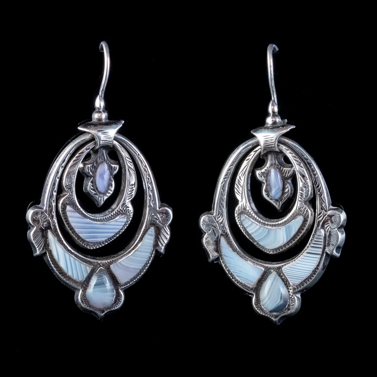 Antique Victorian Scottish Montrose Agate Earrings Silver Circa 1860