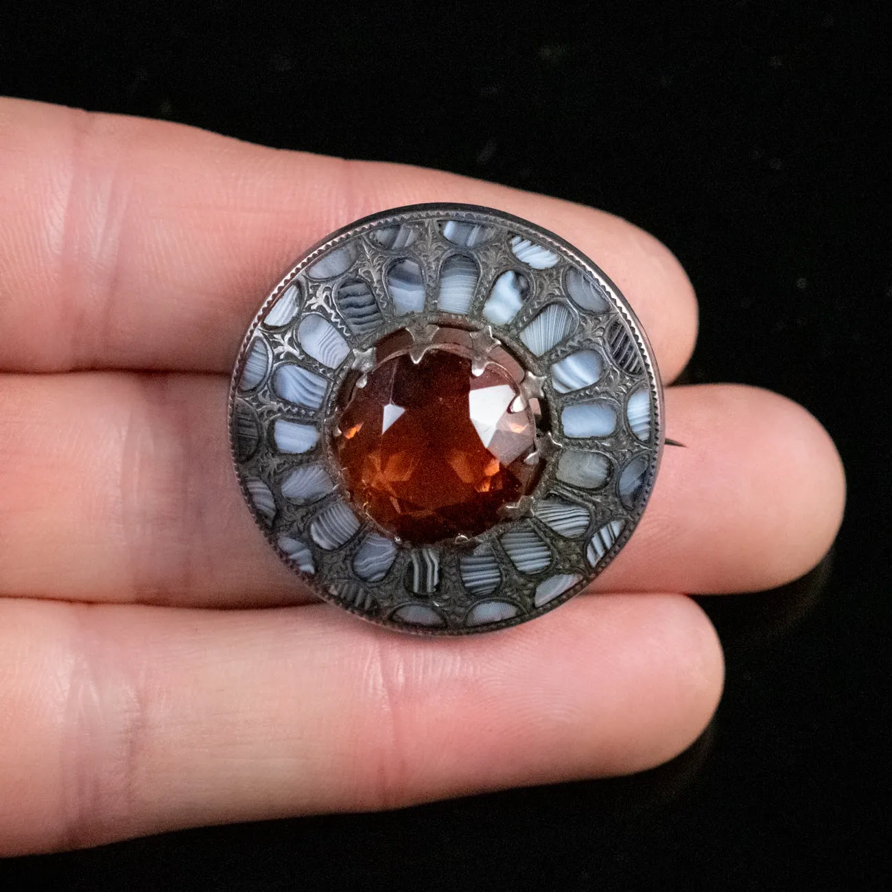Antique Victorian Scottish Paste Agate Brooch Silver