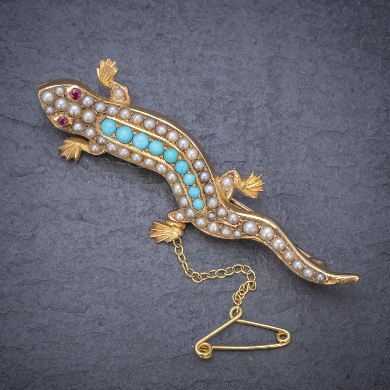 Antique Victorian Turquoise Pearl Salamander Brooch 15Ct Gold Circa 1890