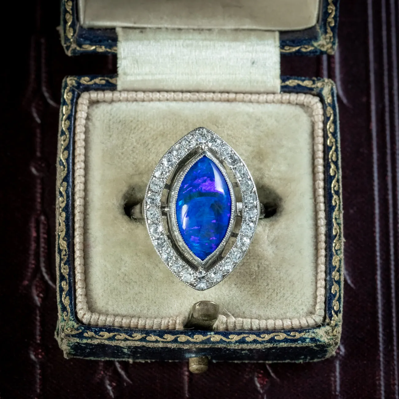Art Deco Black Opal Diamond Navette Ring 4ct Opal
