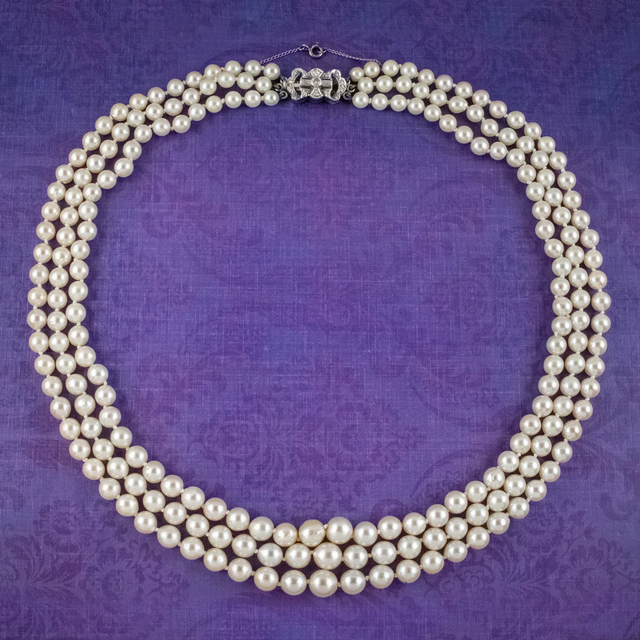 Art Deco Triple Strand Pearl Necklace Platinum Diamond Clasp