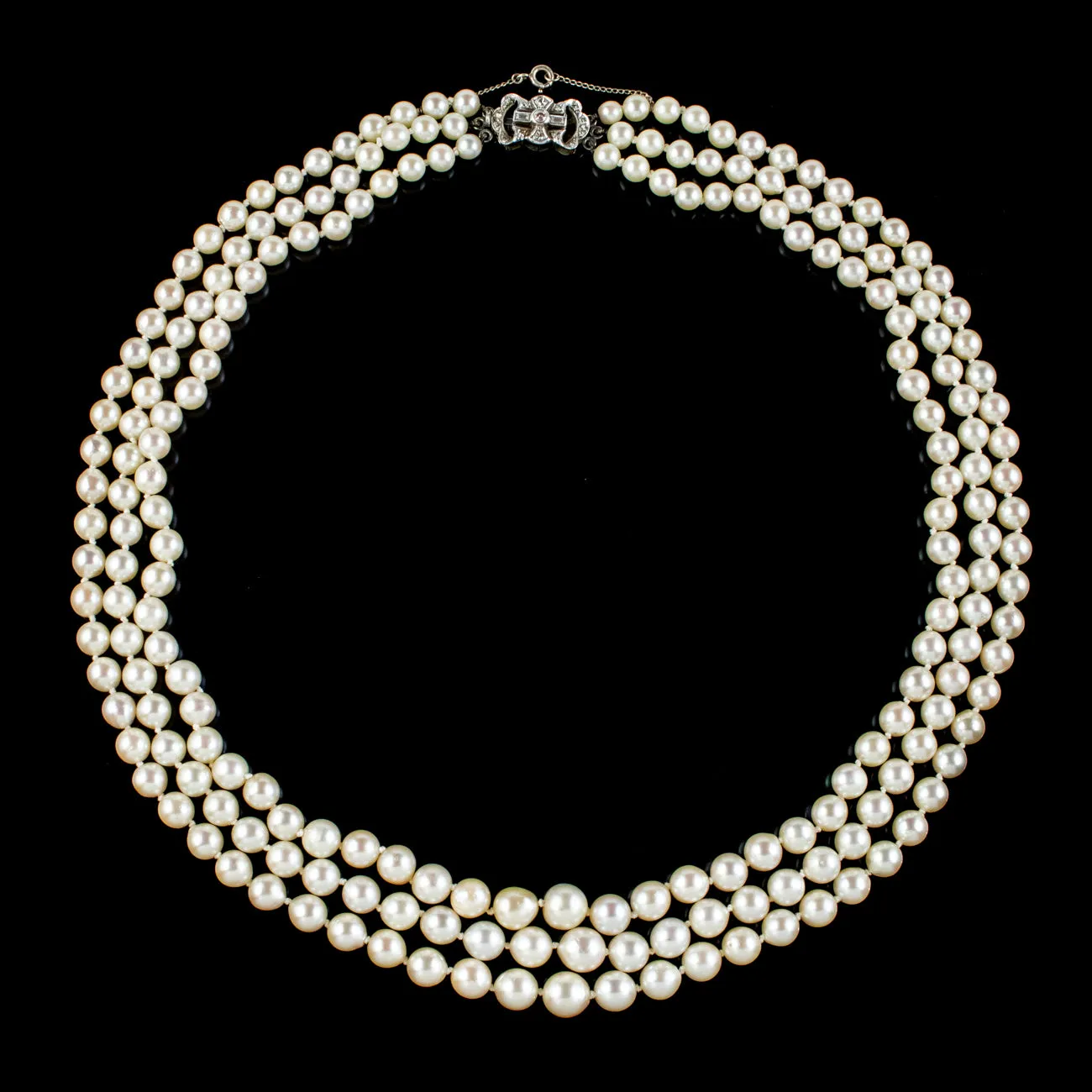 Art Deco Triple Strand Pearl Necklace Platinum Diamond Clasp