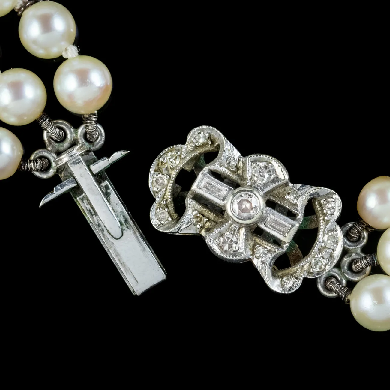 Art Deco Triple Strand Pearl Necklace Platinum Diamond Clasp
