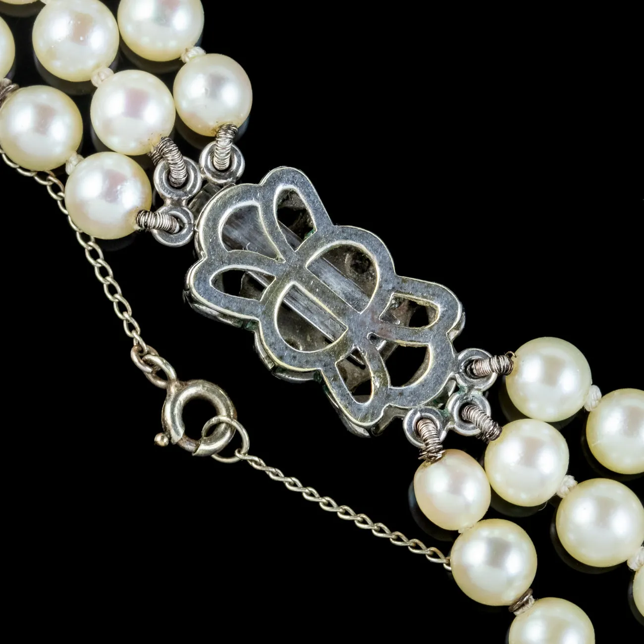 Art Deco Triple Strand Pearl Necklace Platinum Diamond Clasp