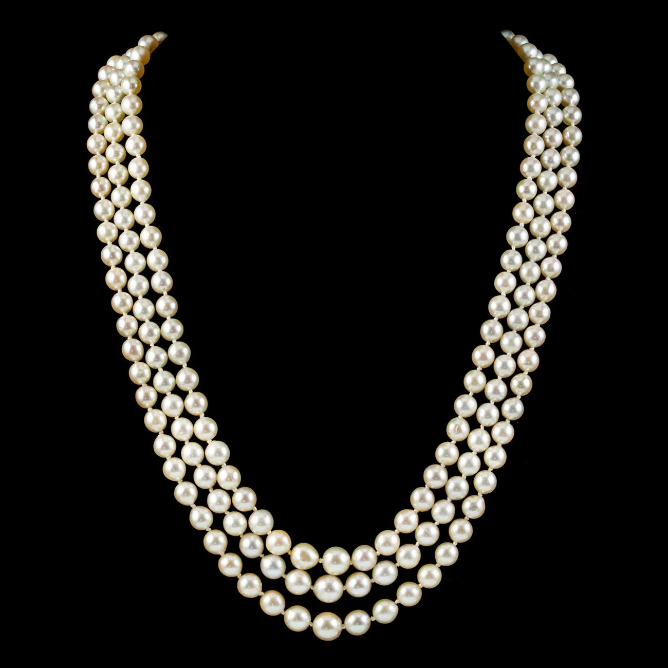 Art Deco Triple Strand Pearl Necklace Platinum Diamond Clasp