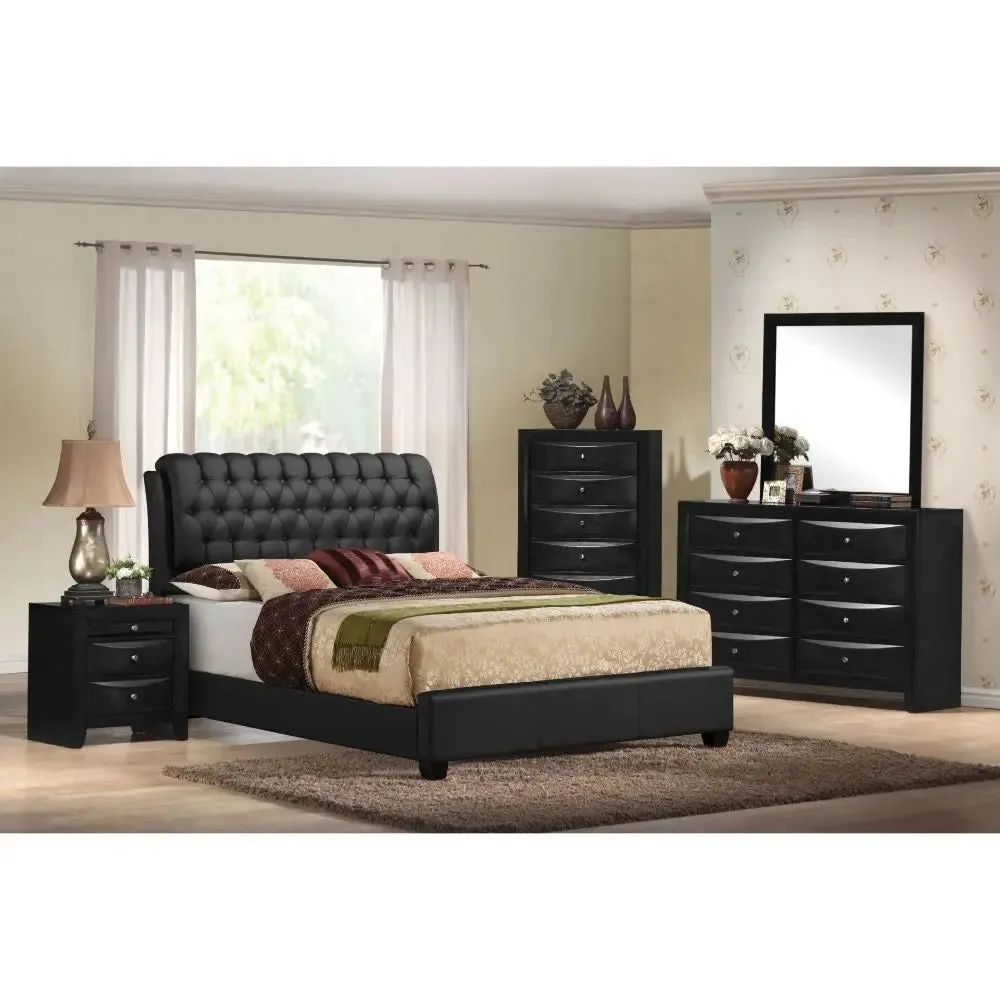 Beatrice Button Tufted King Bed, Black Faux Leather