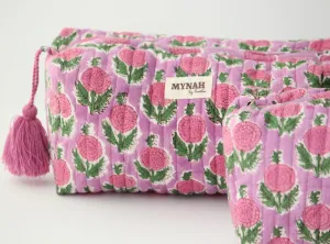 'BERRY SMOOTHIE' hand block printed, quilted travel/makeup zipper pouch-LARGE only